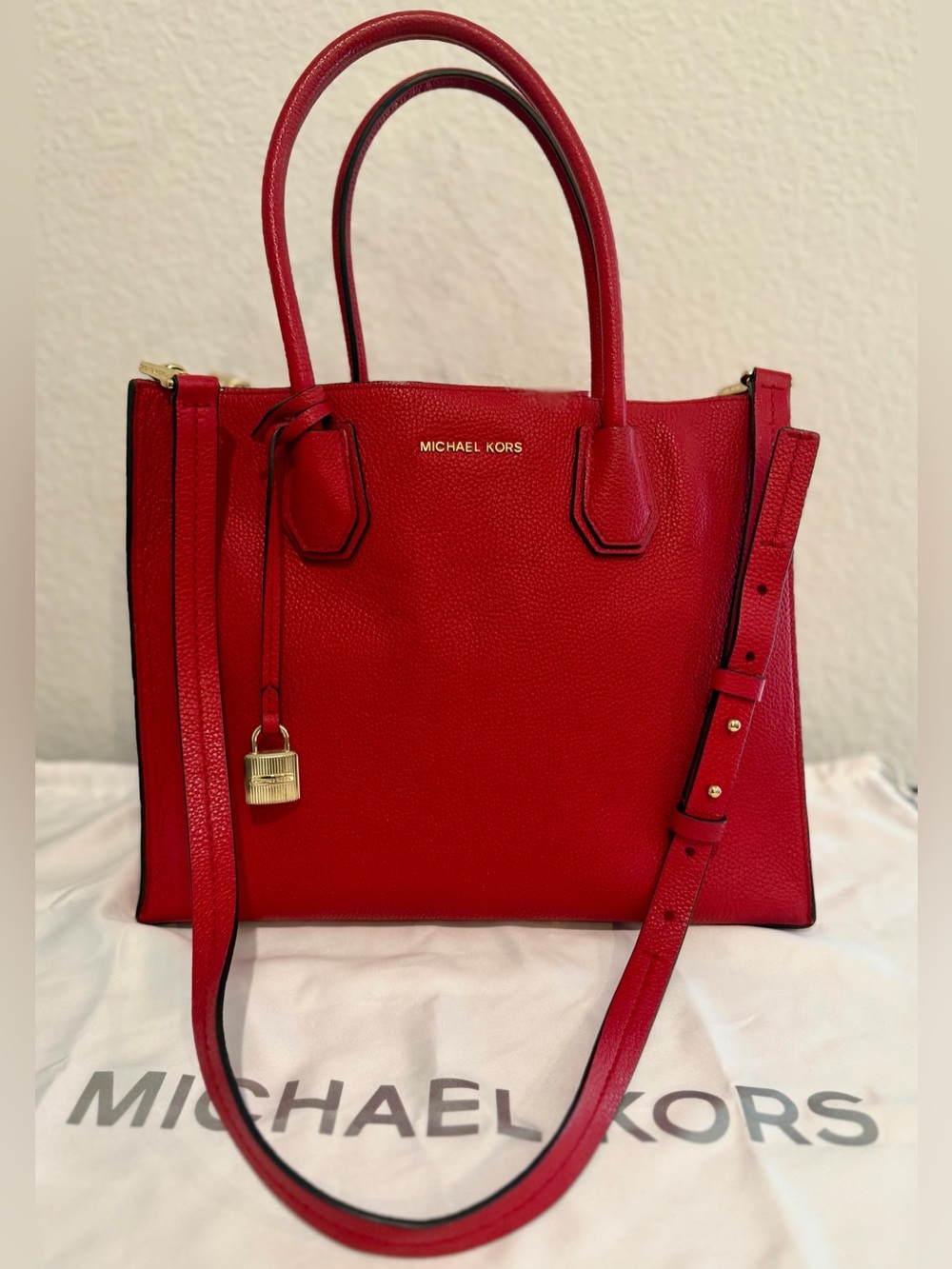 Michael Kors Red Pebbled Leather Satchel with Gold Hardware
